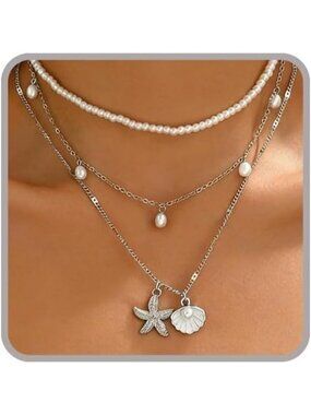 Women's 3 Layer Silver Starfish Pearl Seashell Cowrie Shell Beach Necklace